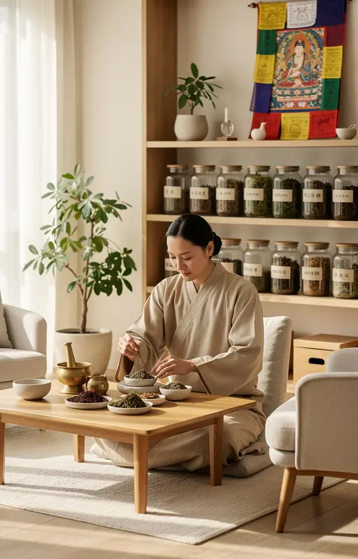Modern interior consultation scene inspired by Tibetan medicine, practitioner preparing herbal remedy in calm minimalist space, natural light from window, warm neutral tones, realistic photography, peaceful atmosphere
