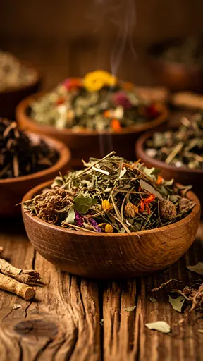 Traditional Tibetan medicinal herbs in wooden bowls, dried plants, natural textures, warm tones, holistic healing atmosphere, detailed close-up photography
