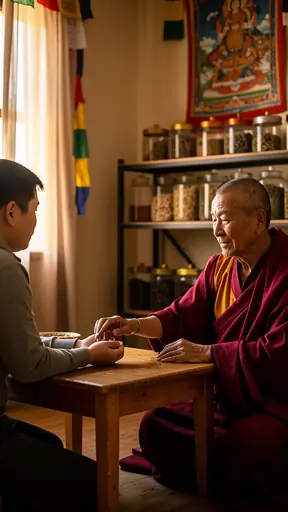 Tibetan medicine practitioner during consultation, checking pulse, calm and respectful environment, soft natural light, traditional clothing, realistic photography
