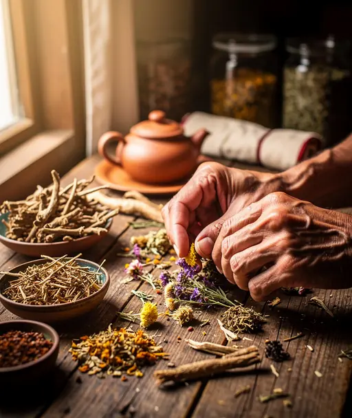 Close-up of hands preparing traditional Tibetan medicinal herbs on a wooden table, warm natural light from window, calm atmosphere, detailed textures, realistic photography, holistic healing setting
