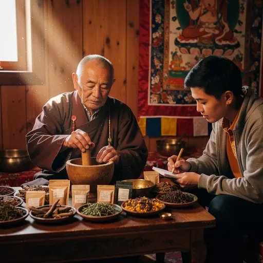 Warm indoor scene symbolizing knowledge transmission in Tibetan medicine, elder explaining herbal preparation to younger person, soft natural light, peaceful atmosphere, realistic photography, cultural authenticity
