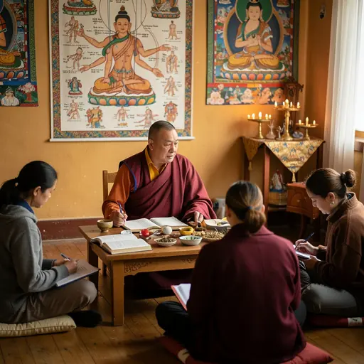 Teacher explaining Tibetan medicine concepts to a small group, peaceful indoor setting, natural light, authentic and cultural atmosphere, high resolution photography
