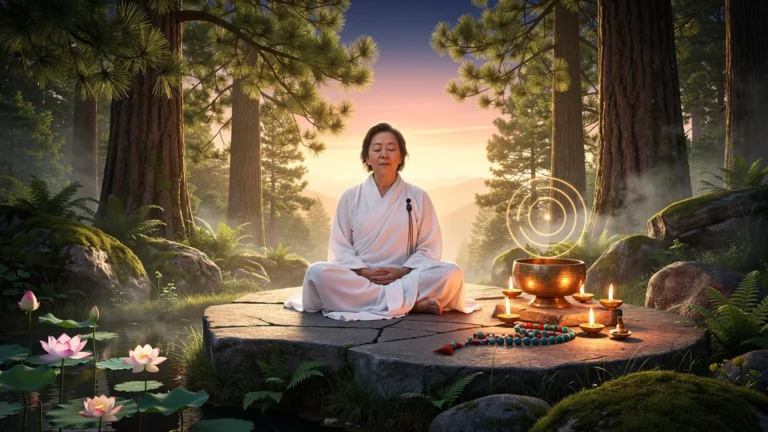Femme méditant au lever dans un jardin de montagne, récitant le mantra de Sangye Menla, rituel spirituel 21 jours