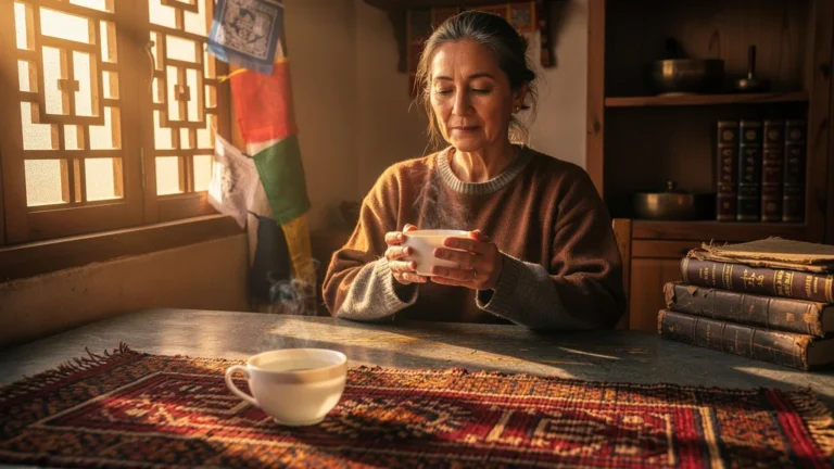 Femme buvant de l'eau chaude le matin selon la tradition tibétaine, rituel quotidien pendant 30 jours