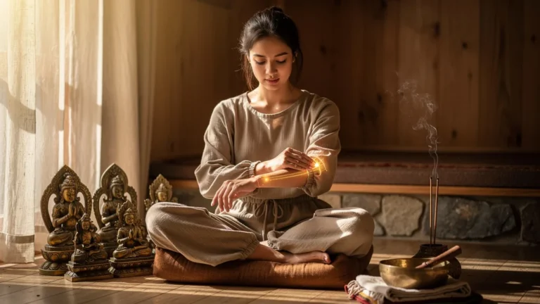 Femme pratiquant l'automassage tibétain aux points Béken, bienfaits après 3 semaines de soin quotidien