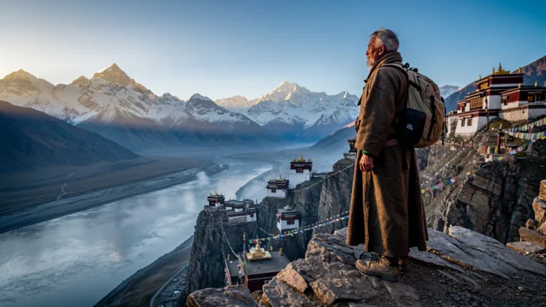 Homme contemplant le plateau tibétain au lever du jour après 15 ans d'absence, scène ultra-réaliste