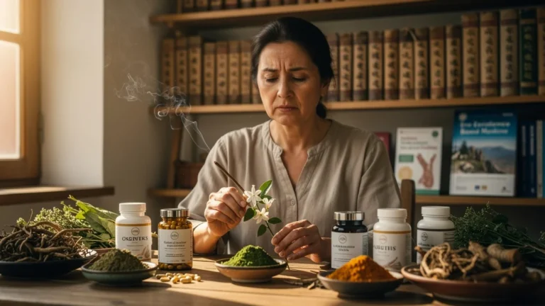 Femme méditant sur le risque de mélanger plantes tibétaines et compléments sans guidance