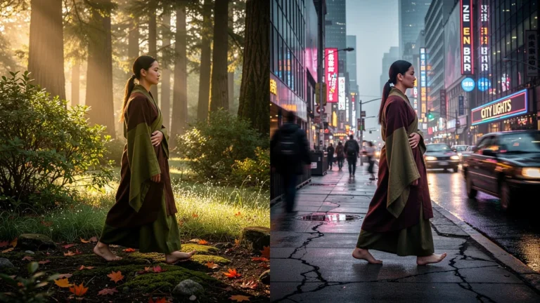 Personne pratiquant la marche méditative tibétaine 45 minutes par jour en milieu calme et bruyant