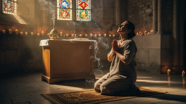Femme en pleurs lors d’une cérémonie de purification à l’encens dans une chapelle ancienne à Angers