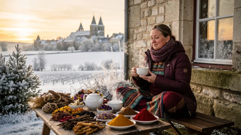 Femme dégustant une infusion tibétaine en hiver à Angers, transformant ses saisons par la diététique des trois humeurs