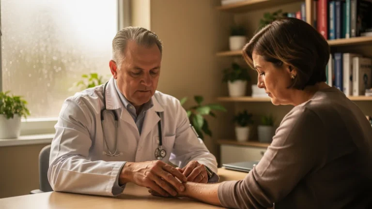 Médecin diagnostiquant le pouls d’un patient, évoquant l’odeur de terre humide sur sa peau