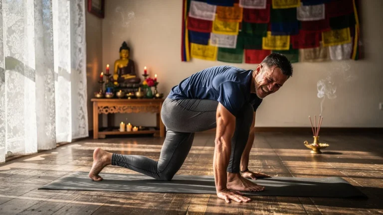 Homme en posture de yoga tibétain avec dos bloqué, douleur intense dans un studio lumineux