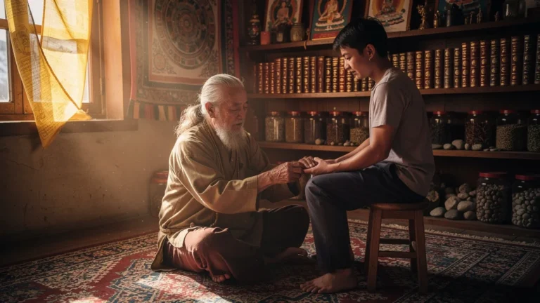 Amchi tibétain lisant le pouls d'un patient en silence dans une pièce traditionnelle éclairée naturellement