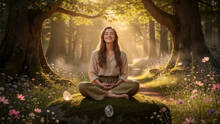 Femme méditant dans une forêt au coucher du soleil, symbolisant le lâcher-prise du résultat pour guérir