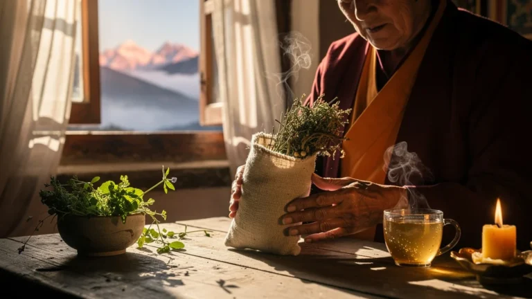 Compresse d'herbes tibétaines dépliée au matin sur une table en bois sous lumière dorée