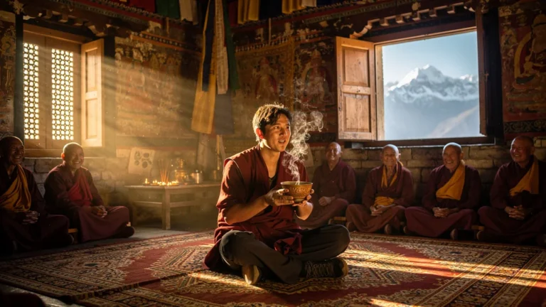 Premier bol de thé au beurre de yak dans un monastère traditionnel de Lhassa au Tibet
