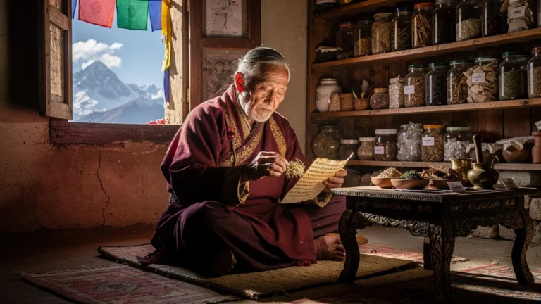 Praticien de médecine tibétaine authentique dans une clinique traditionnelle himalayenne, loin du folklore touristique