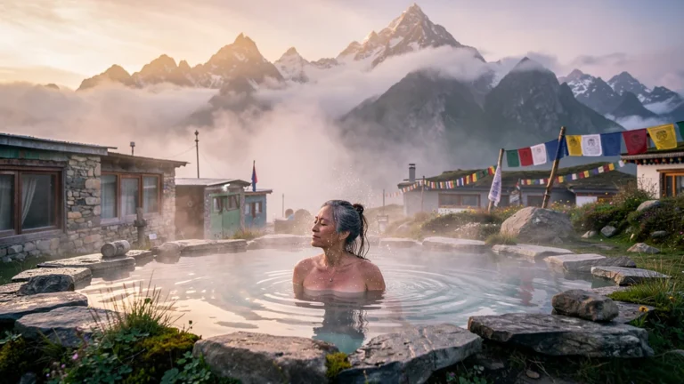 Femme en cure thermale tibétaine à Dharamsala dans source chaude naturelle au pied de l'Himalaya