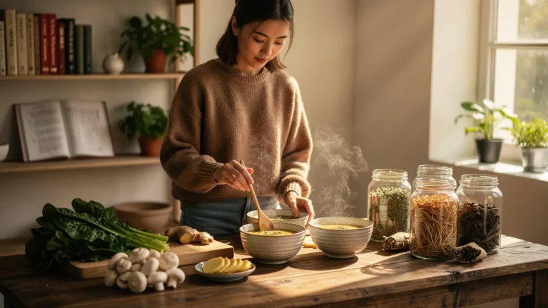 Femme préparant un repas sain selon son type Lung, cuisine chaleureuse et ingrédients naturels frais