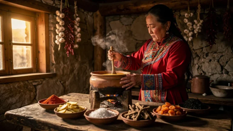 Femme tibétaine préparant une soupe aux six goûts tibétains dans une cuisine traditionnelle chaleureuse