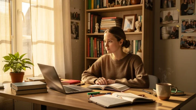Femme apprenant seule dans un bureau lumineux, symbole d'équilibre entre autodidaxie et mentorat