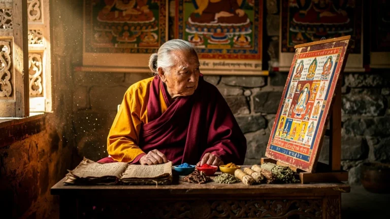 Praticien tibétain apprenant la signification des couleurs dans l'art médical tibétain, révélant un éveil spirituel