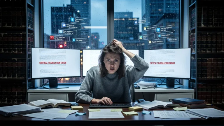 Erreur de traduction publiée vue par des centaines dans un bureau d’éditeur moderne réaliste