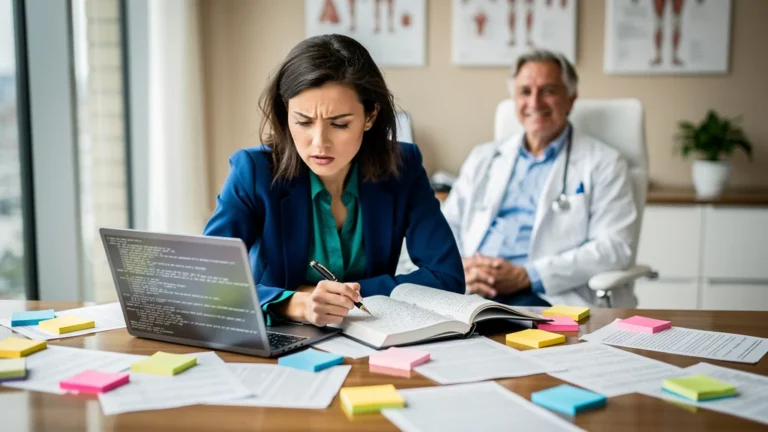 Femme stressée à une consultation médicale, trop concentrée à tout noter, manquant l'essentiel du dialogue