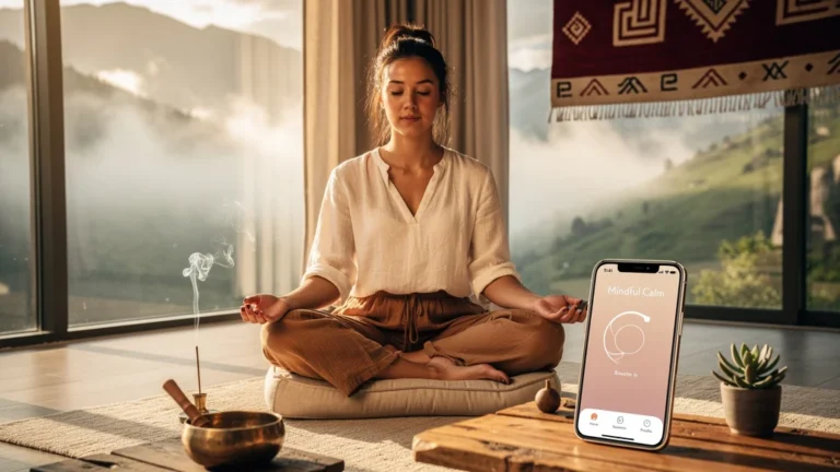 Femme méditant paisiblement avec une appli bien-être inspirée du Tibet dans un salon lumineux et naturel