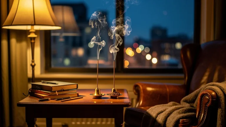 Comparaison visuelle d’encens au genévrier et au santal dans un rituel du soir en studio
