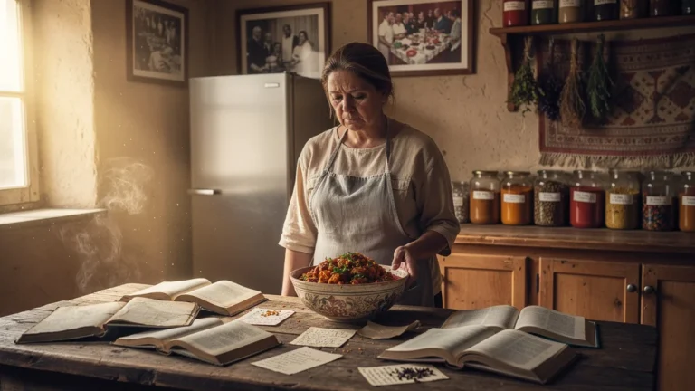 Femme réfléchissant dans une cuisine chaleureuse, regrettant d’avoir ignoré le contexte culturel des recettes
