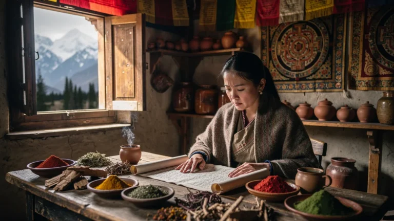 Jeune femme méditative dans cuisine tibétaine traditionnelle symbolisant la rigueur de la diététique tibétaine