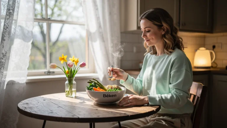 Jeune femme savourant un bol chaud Béken au printemps, illustrant énergie et bienfaits du régime saisonnier