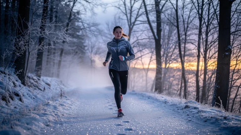 Jeune femme effectuant une marche matinale avant l’aube en hiver pour un réveil énergisant