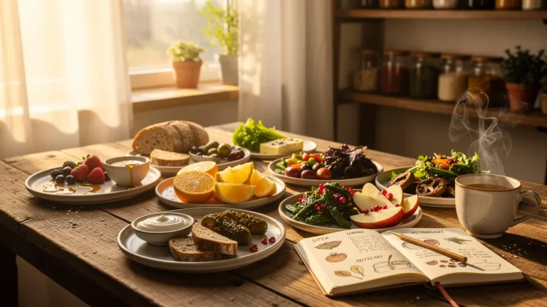Table de petit-déjeuner équilibrée avec journal des six goûts après chaque repas pour rééquilibrer