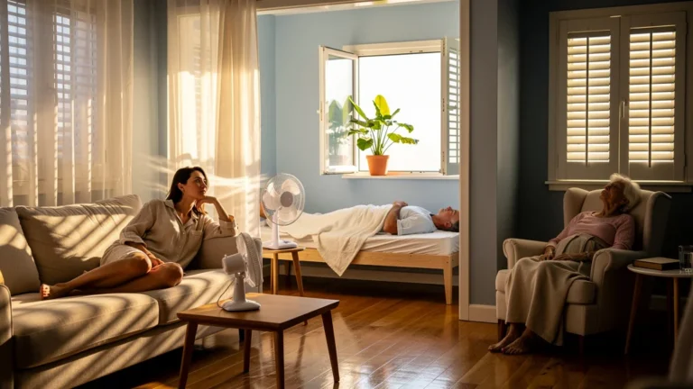 Femme testant une sieste courte en canicule dans trois endroits différents de sa maison