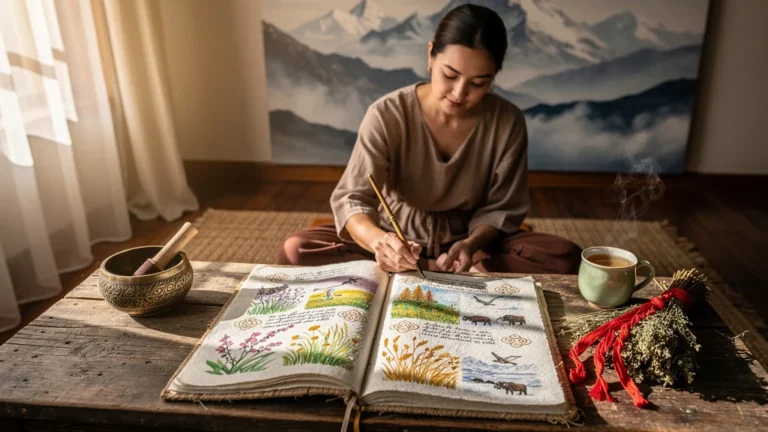 Carnet des saisons tibétain ouvert sur bureau en bois, symbolisant simplicité et transformation après un an