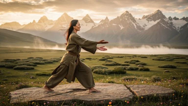 Femme pratiquant les 5 tibétains pour perte de poids sur un plateau tibétain au lever du soleil