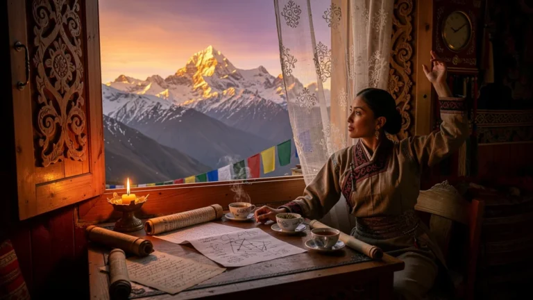 Femme rédactrice adaptant son heure de coucher aux rythmes tibétains dans un décor himalayen apaisant
