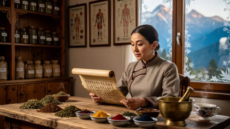 Femme rédactrice découvrant la différence entre médecine tibétaine et ayurveda dans un décor authentique