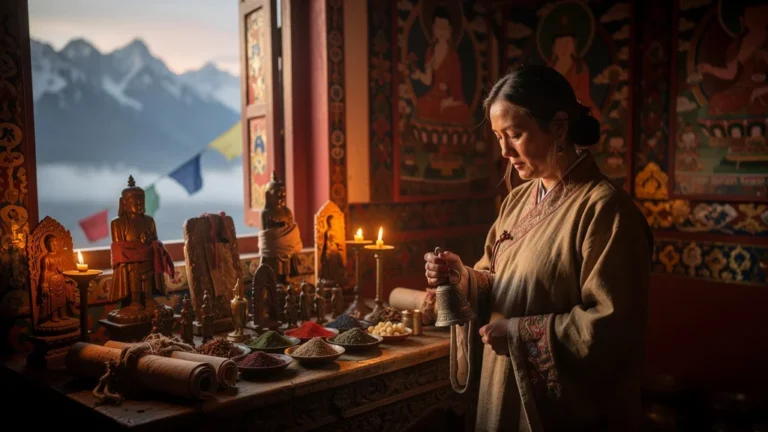 Femme tibétaine réfléchissant dans un intérieur traditionnel sur la signification d’un rituel sacré