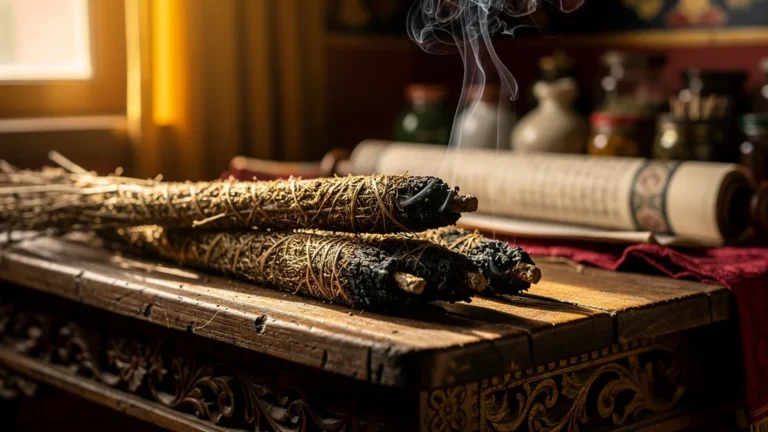 Bâtons de moxa traditionnels sur table en bois sculpté avec fumée, ambiance tibétaine chaleureuse et naturelle