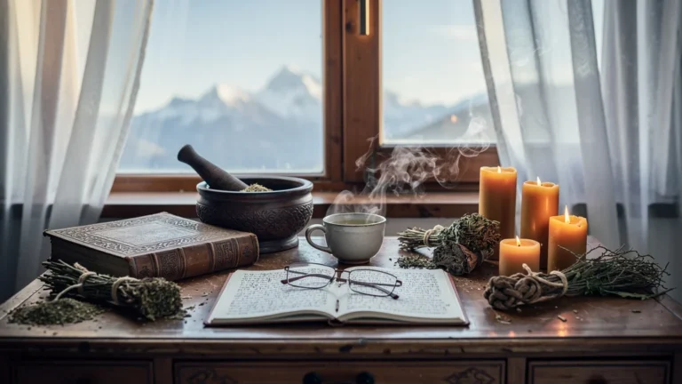 Espace de travail lumineux avec objets de médecine tibétaine traditionnelle et ambiance studieuse féminine