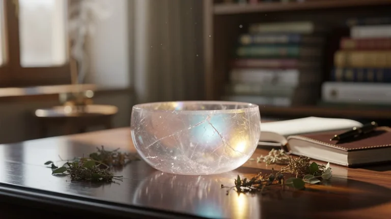 Bol chantant en cristal posé sur bois, lumière naturelle douce, ambiance zen et scientifique tibétaine