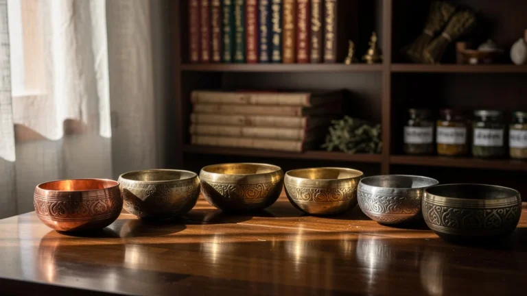 Bols tibétains 7 métaux sur surface en bois, ambiance traditionnelle et lumineuse, médecine tibétaine