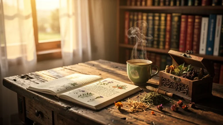 Espace de travail avec thé tibétain et notes sur la médecine traditionnelle tibétaine, ambiance chaleureuse et authentique