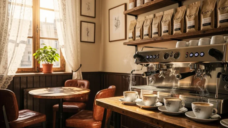 Intérieur photoréaliste du Café 1802 avec café artisanal et ambiance chaleureuse et raffinée