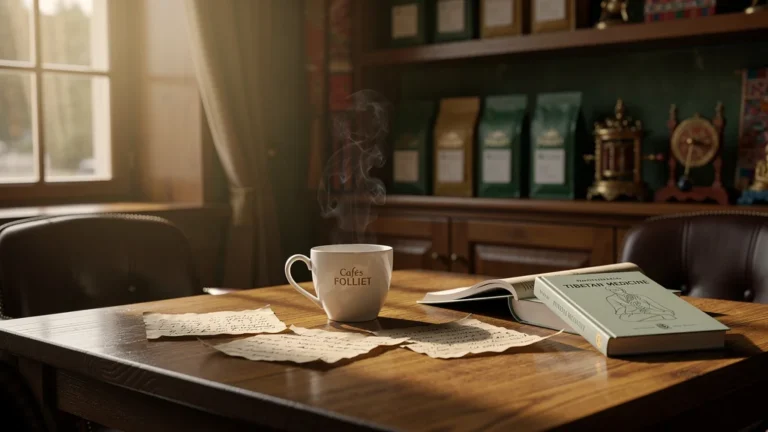 Intérieur raffiné d’un café Cafés Folliet avec ambiance chaleureuse et lumière naturelle douce