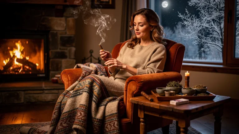Femme pratiquant la moxibustion douce lors d'une soirée d'hiver chaleureuse et apaisante
