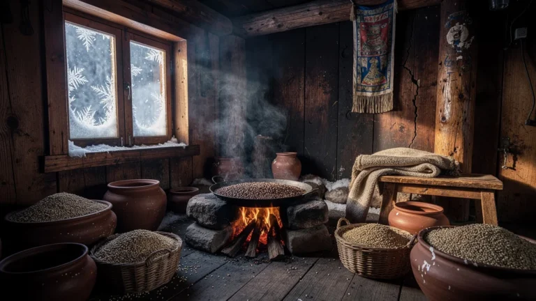 Cuisine tibétaine traditionnelle : orge grillée dans une cuisine rustique en hiver avec lumière naturelle douce